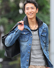 フェイクレイヤードフード付き長袖ストレッチデニムジャケット