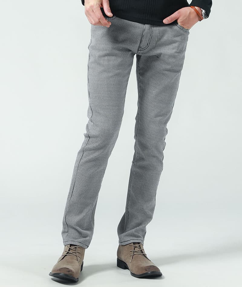 動きやすいストレッチ素材スキニー千鳥格子チノパンツ