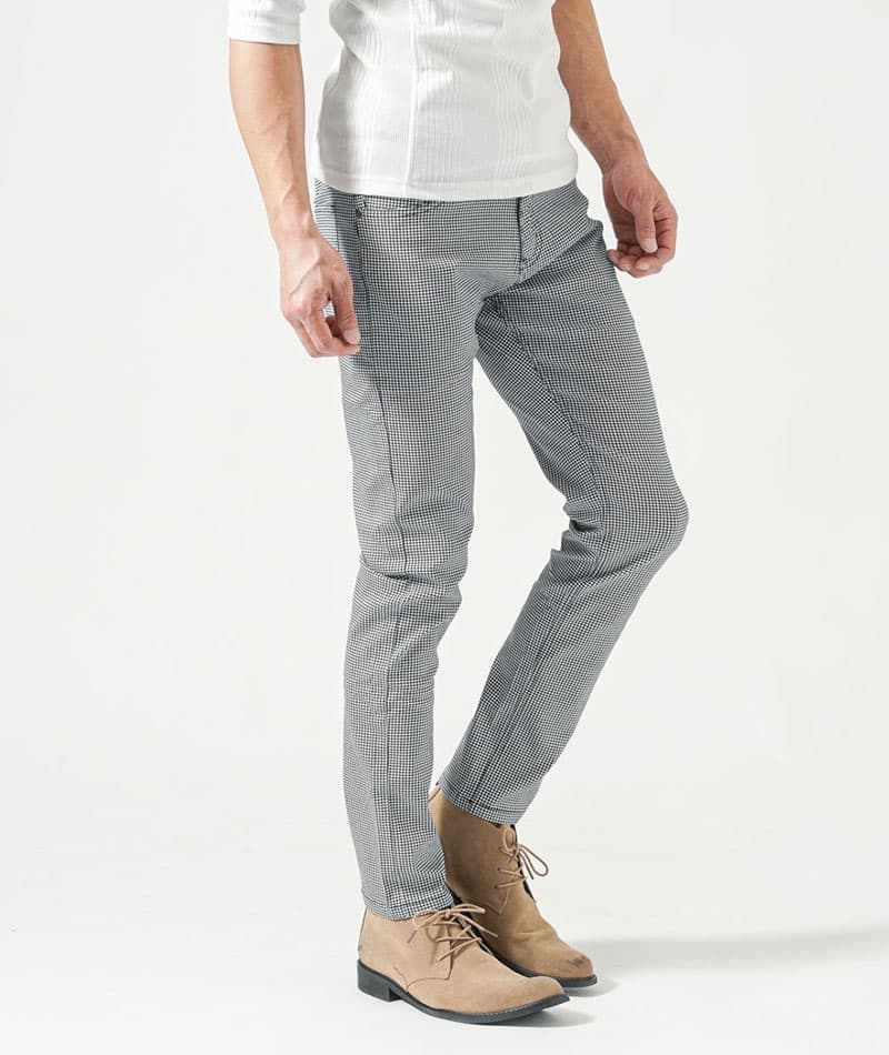 動きやすいストレッチ素材スキニー千鳥格子チノパンツ
