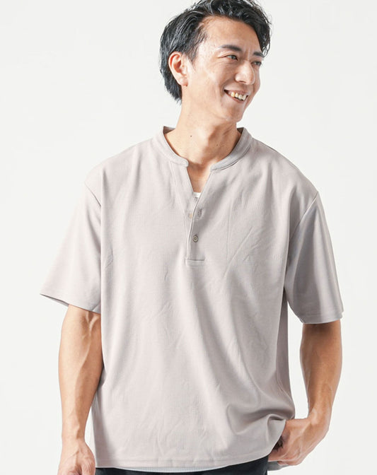 接触冷感オーバーサイズ半袖ヘンリーネックTシャツ×ワッフルタンクトップ 2枚セット