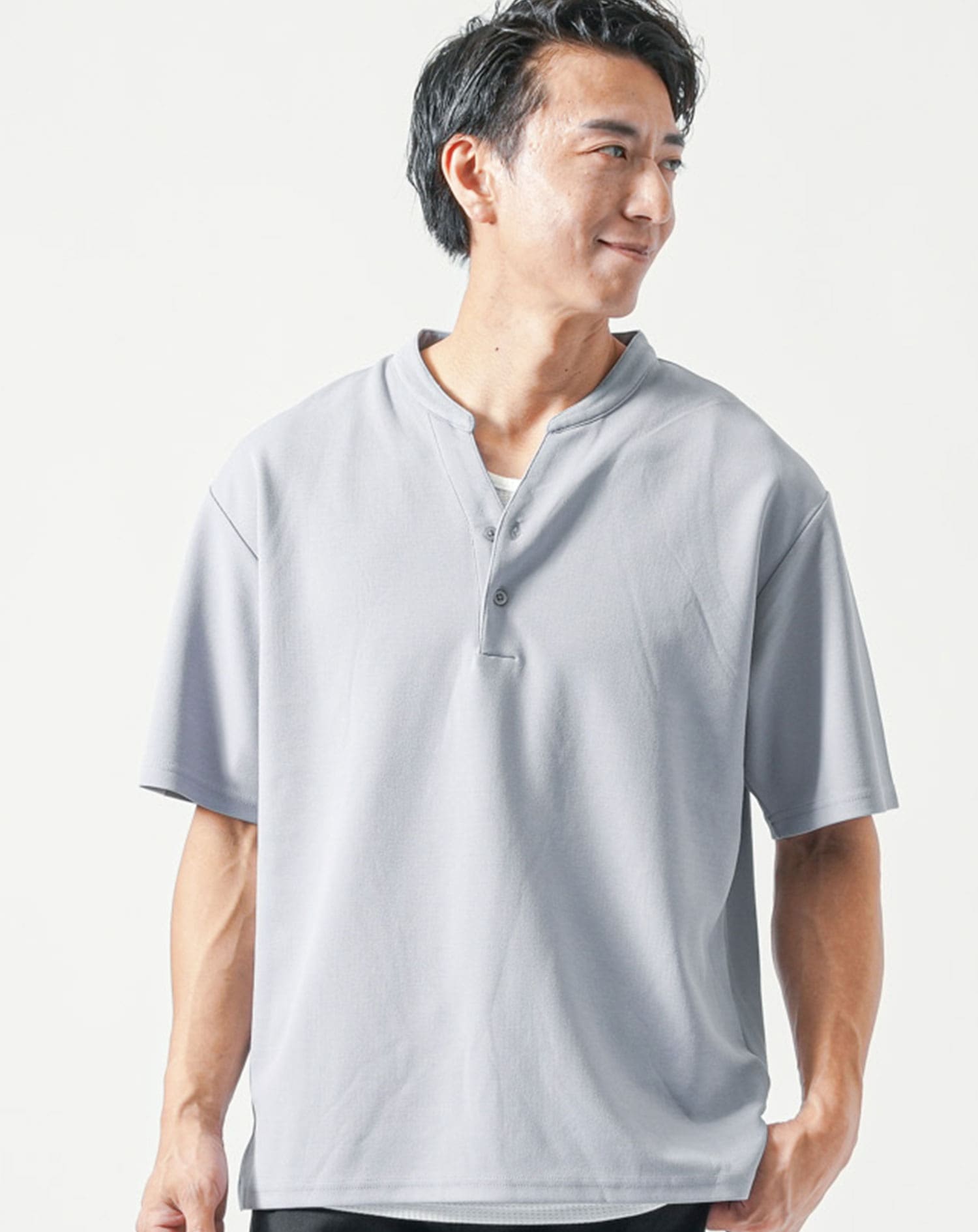 接触冷感オーバーサイズ半袖ヘンリーネックTシャツ×ワッフルタンクトップ2枚セット