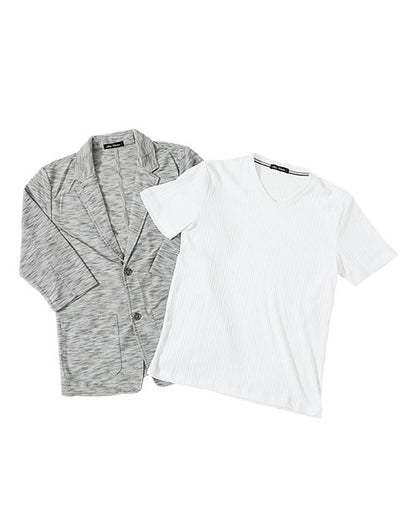 杢デザインテーラードジャケット×ランダムテレコ素材Ｔシャツ