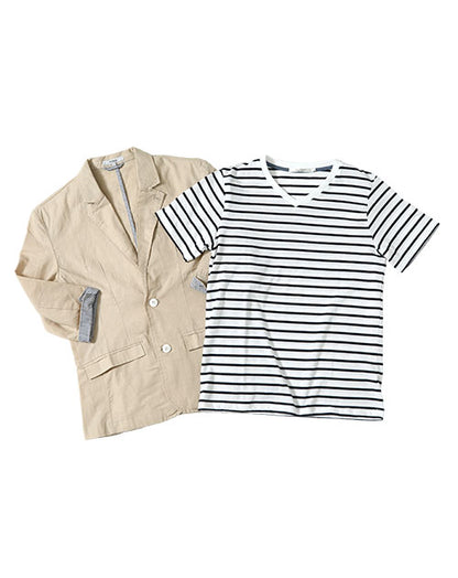 麻素材テーラードジャケット×ポケット付きボーダーTシャツ　2点セット