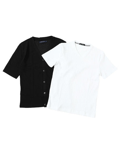 膨れジャガード5分袖カーディガン×ランダムテレコ素材Ｔシャツ　2点セット