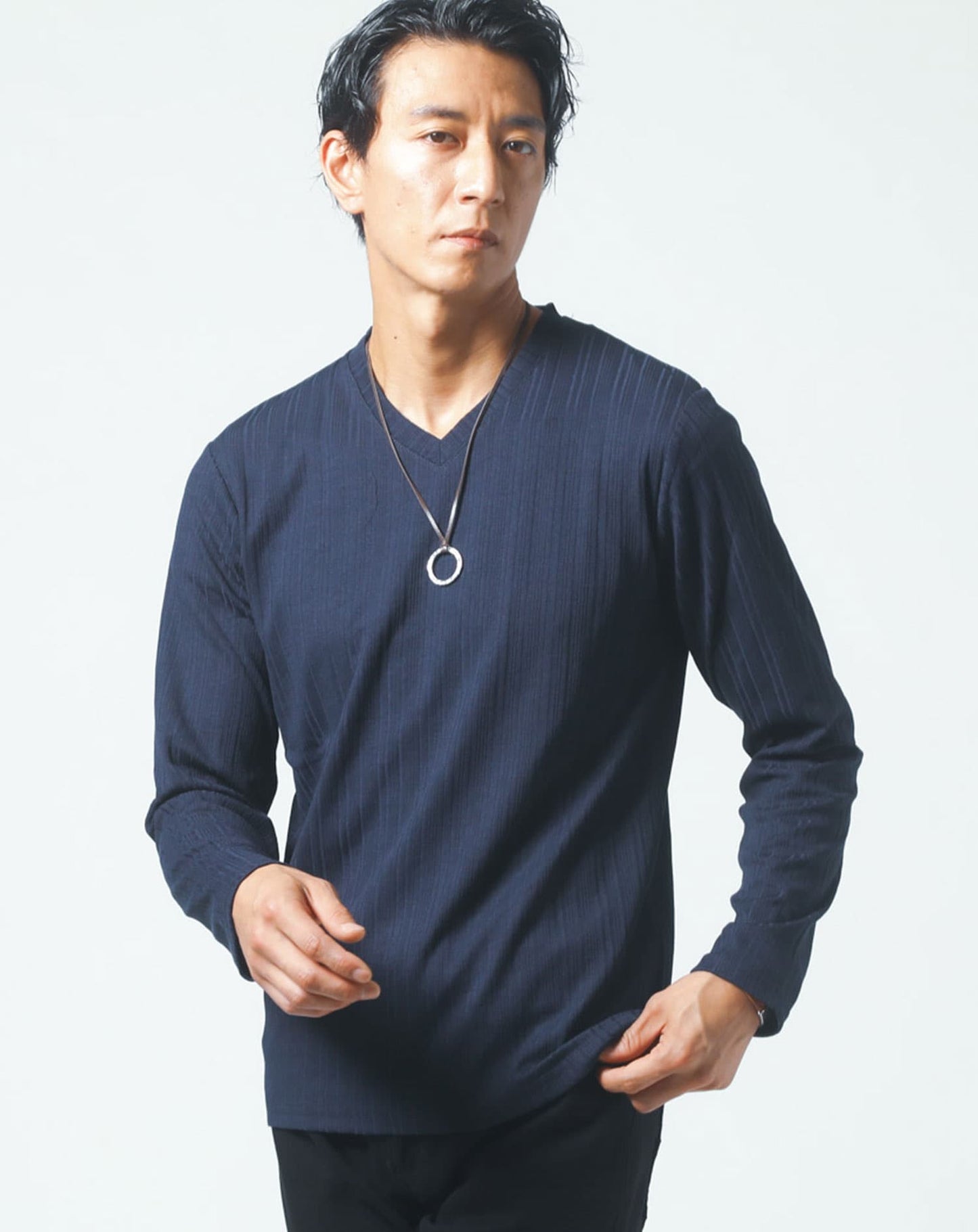 ランダムテレコデザインVネック長袖Tシャツ