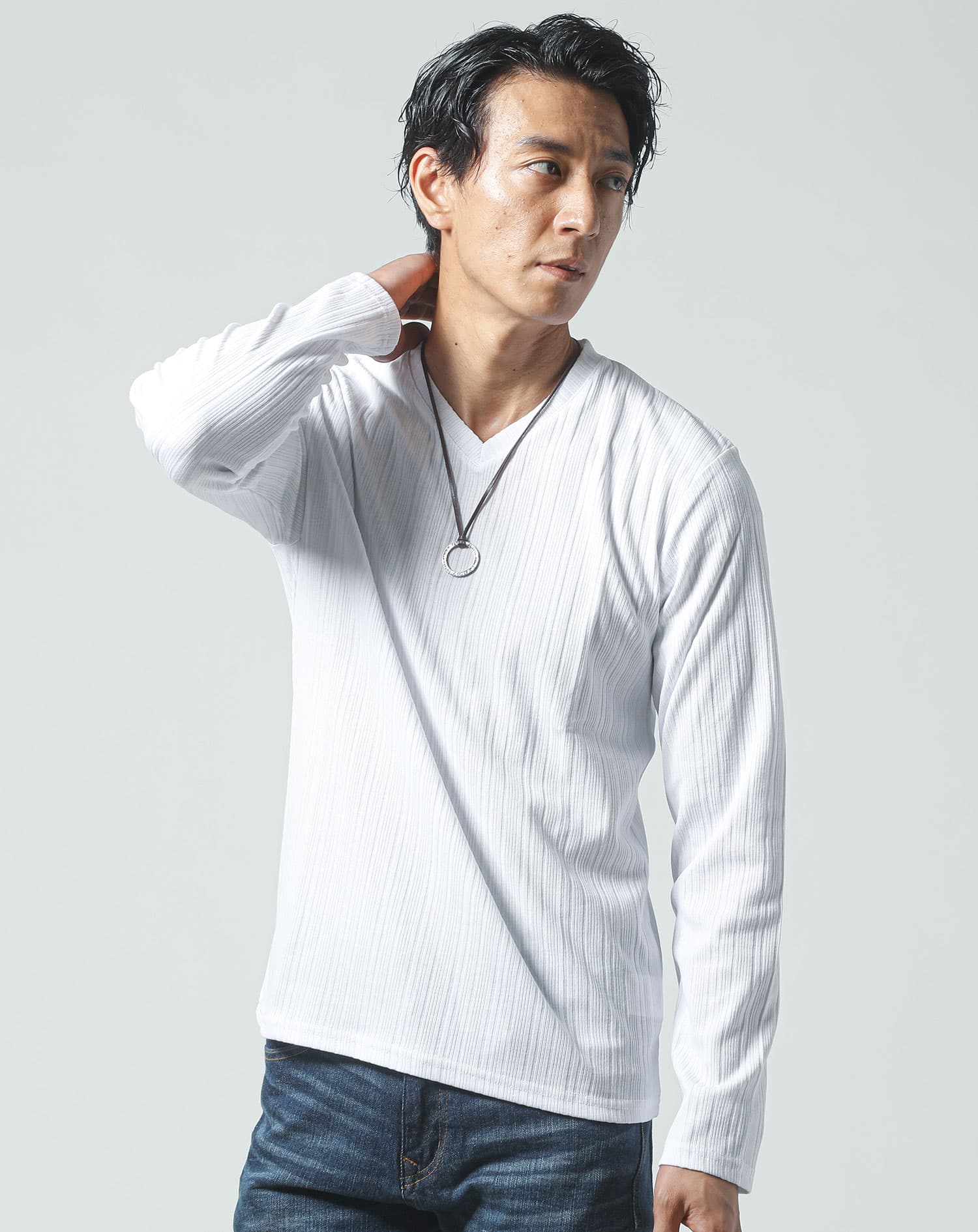 ランダムテレコデザインVネック長袖Tシャツ