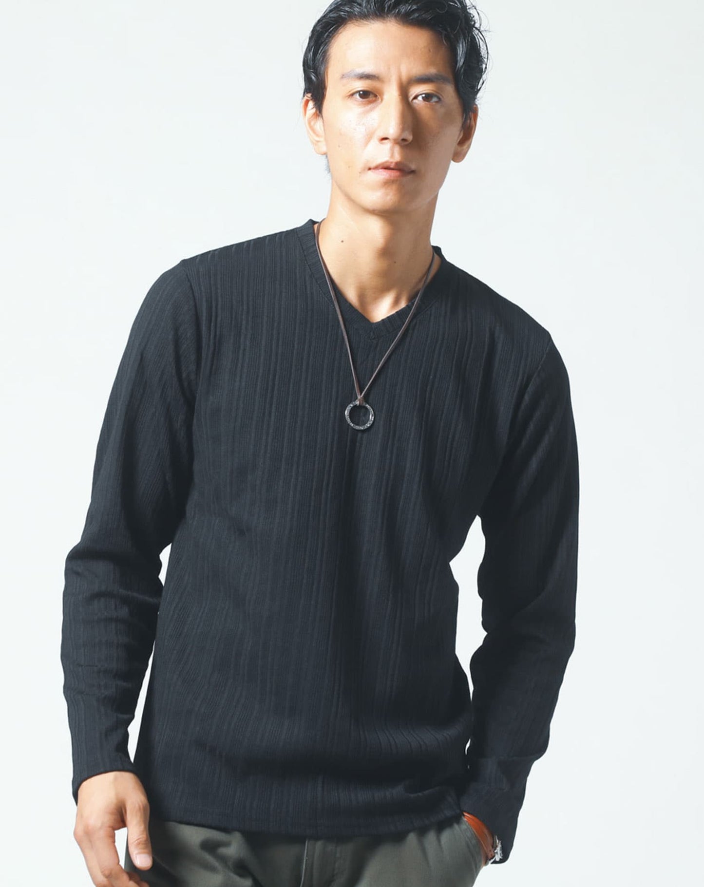 ランダムテレコデザインVネック長袖Tシャツ