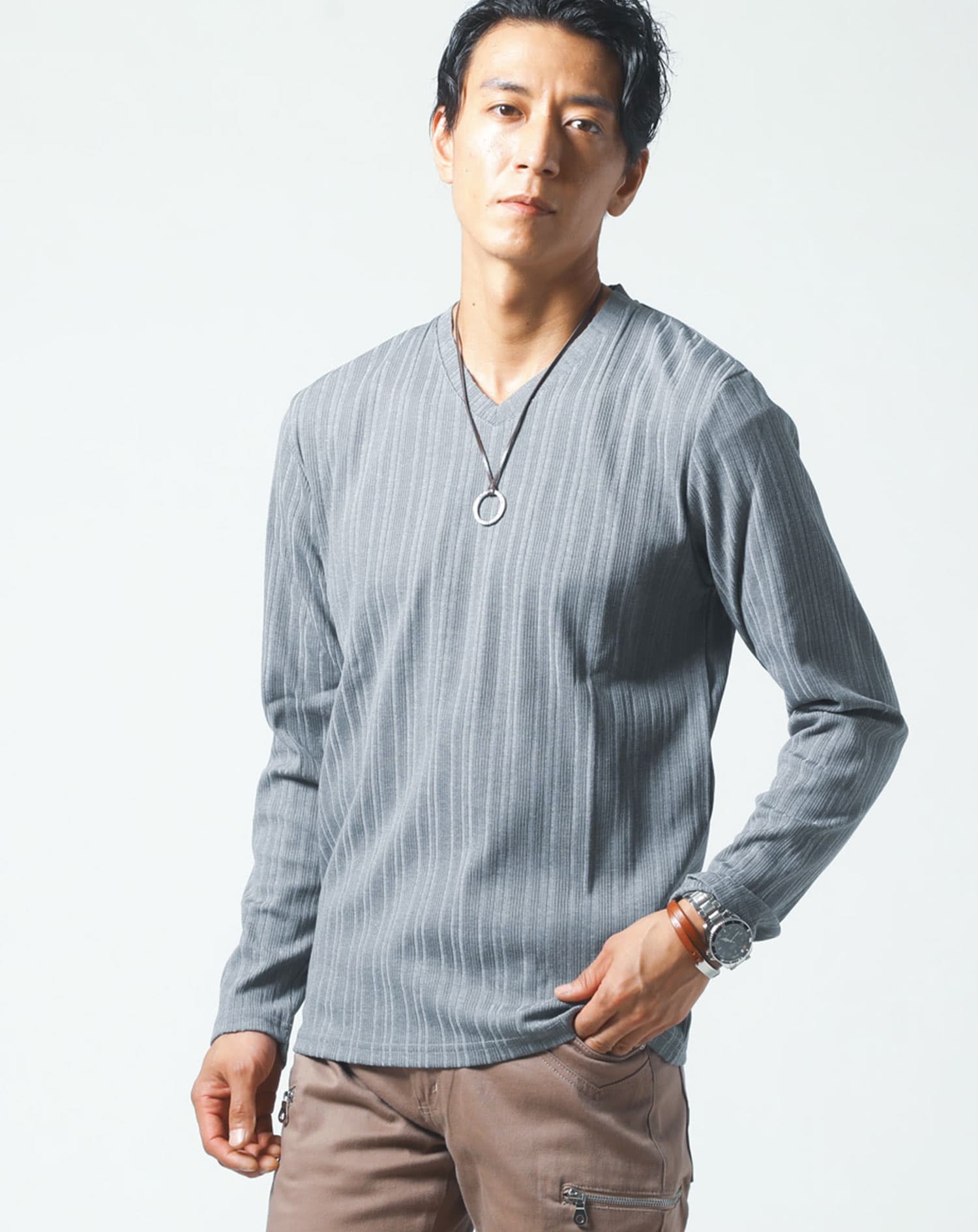 ランダムテレコデザインVネック長袖Tシャツ