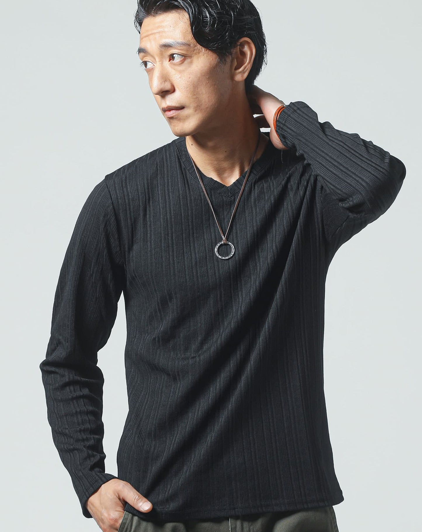 ランダムテレコデザインVネック長袖Tシャツ