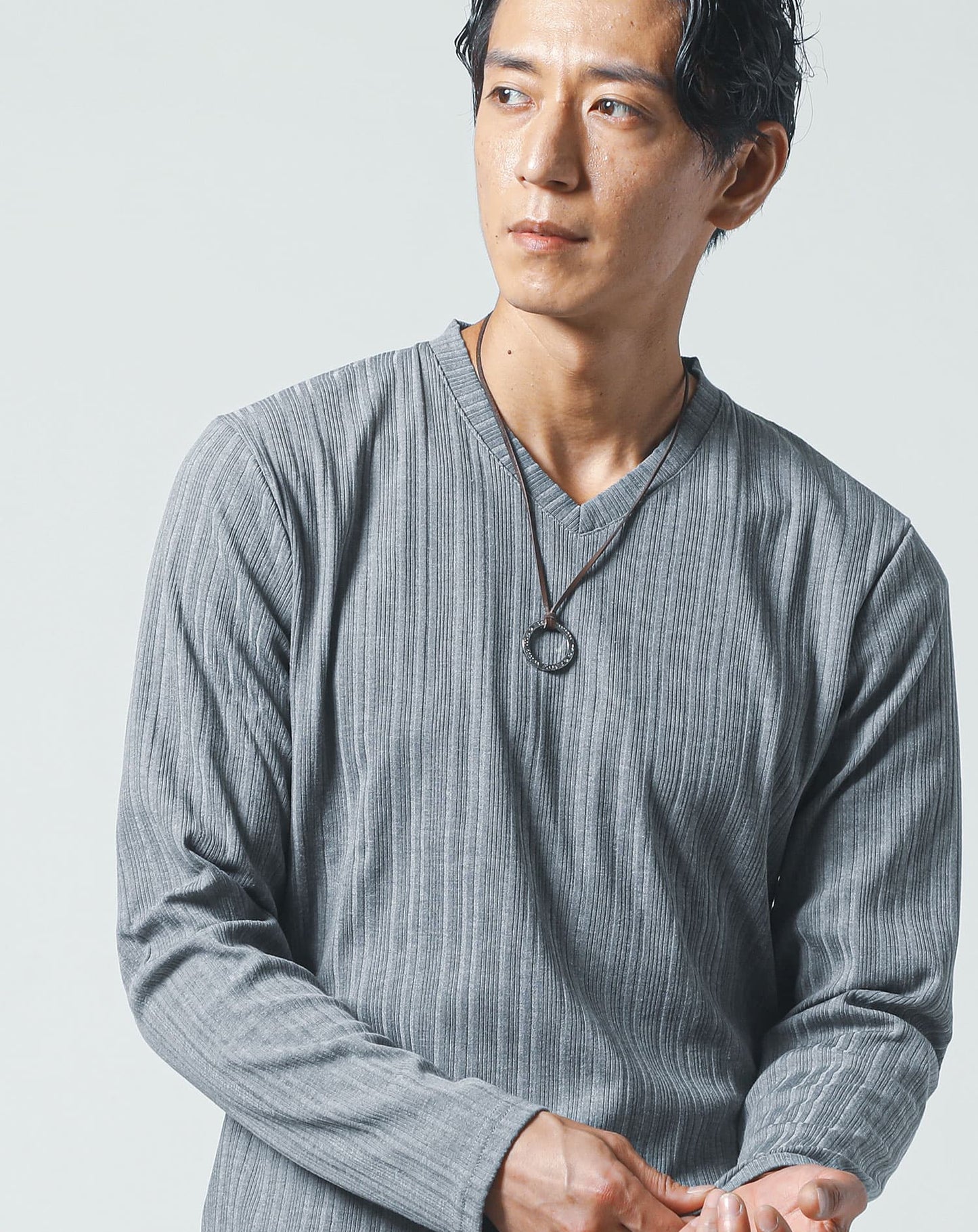 ランダムテレコデザインVネック長袖Tシャツ