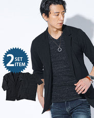 ランダムテレコ7分袖テーラードジャケット×杢デザインVネック半袖Tシャツ