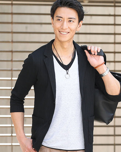 ランダムテレコ7分袖テーラードジャケット×レイヤードデザインVネックカットソー　2点セット