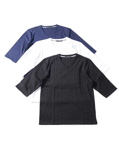 「3枚セット」ランダムテレコ素材7分袖VネックTシャツ