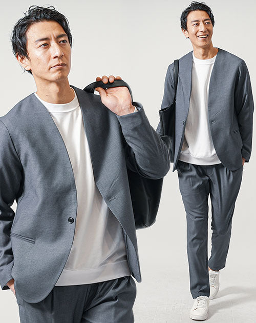 1ボタンノーカラージャケット×テーパードイージーパンツ セットアップ