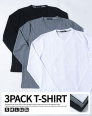 ランダムテレコ素材長袖VネックTシャツ 3枚セット