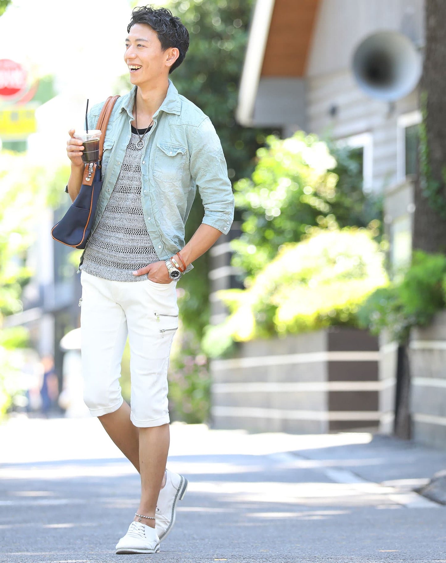 ７分袖ケミカルウォッシュデニムシャツ