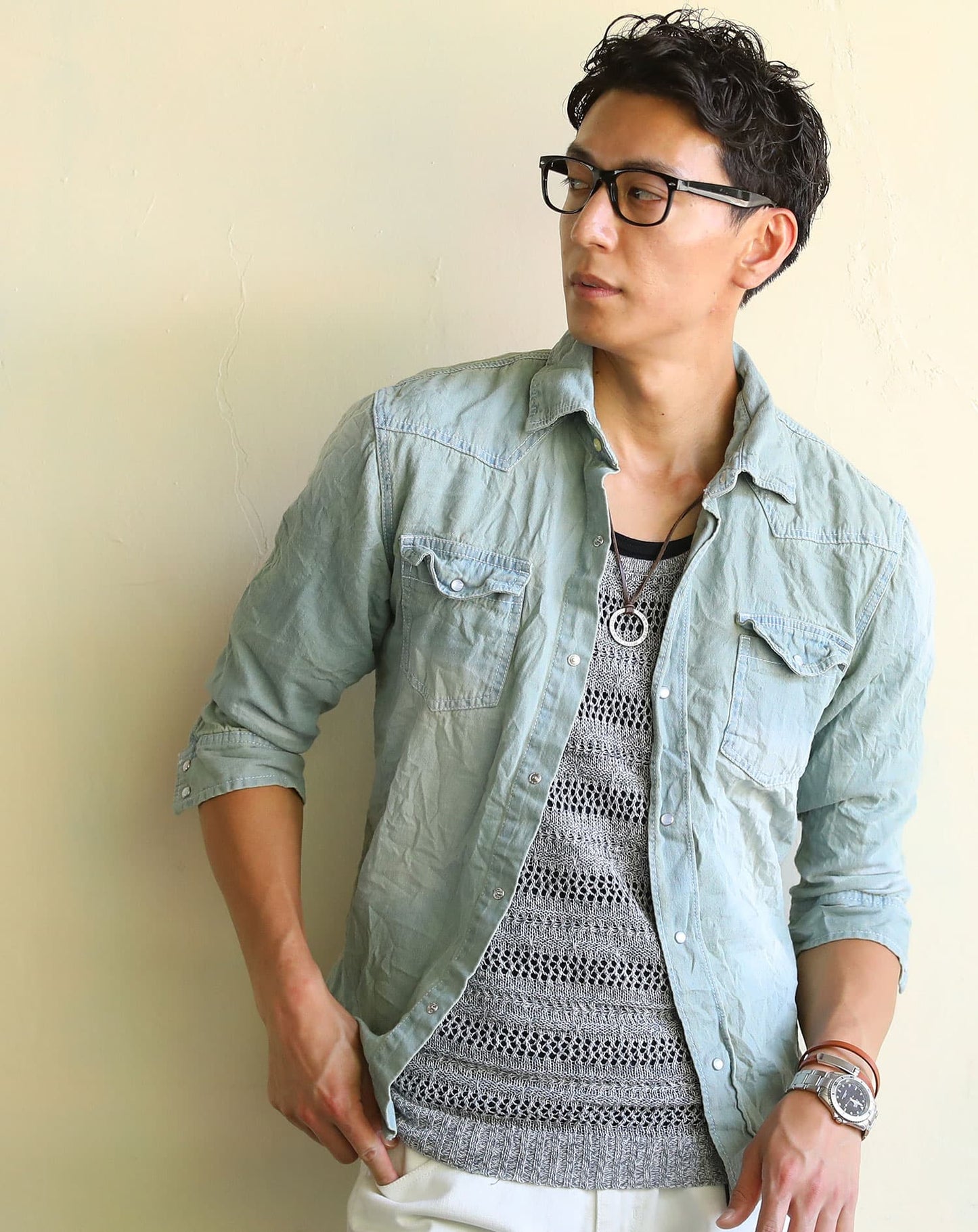 ７分袖ケミカルウォッシュデニムシャツ