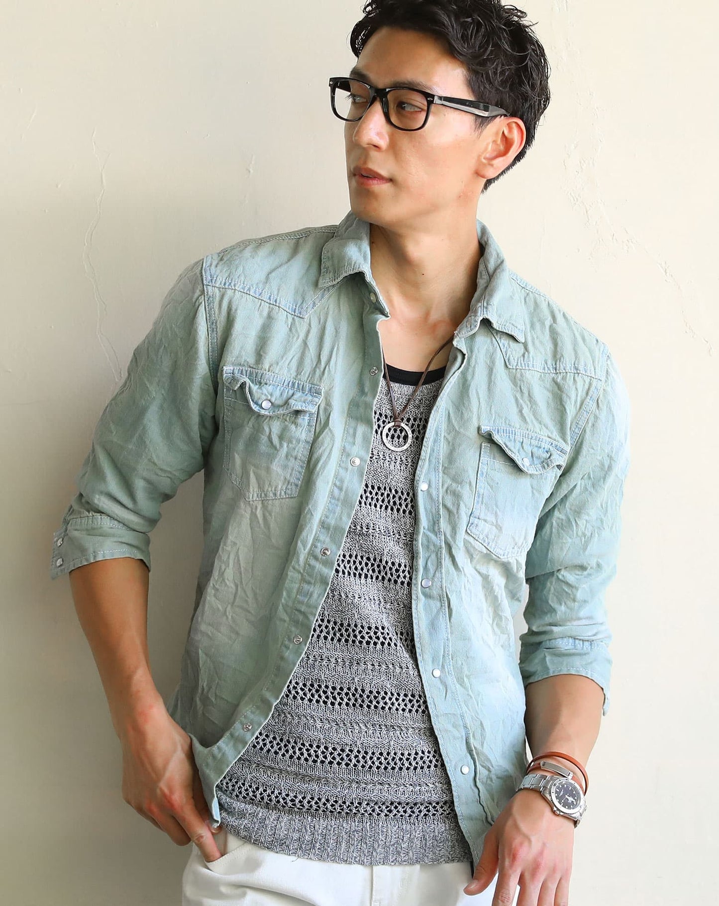 ７分袖ケミカルウォッシュデニムシャツ