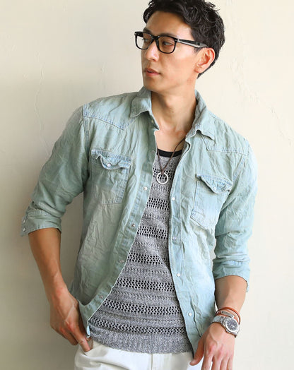 ７分袖ケミカルウォッシュデニムシャツ