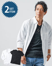 パナマ織り7分袖シャツ×杢半袖VネックTシャツ 2枚セット