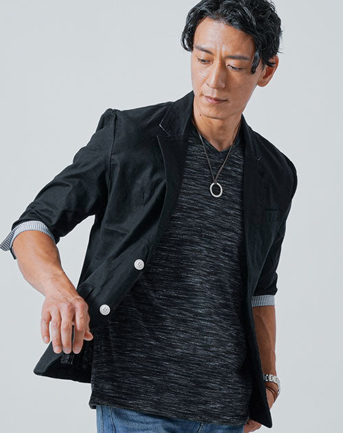 綿麻ストレッチ７分袖サマーテーラードジャケット×杢天竺Vネック半袖Tシャツ　2枚セット