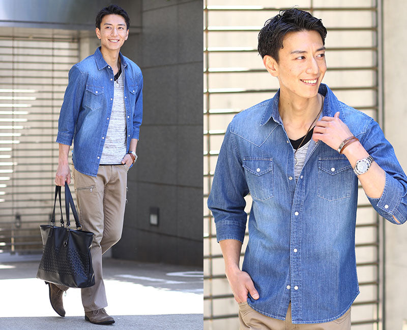 ストレッチ７分袖デニムシャツ×レイヤードデザインⅤネックカットソー　2点セット