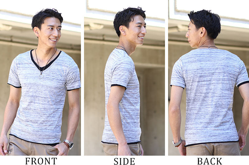 ストレッチ７分袖デニムシャツ×レイヤードデザインⅤネックカットソー　2点セット