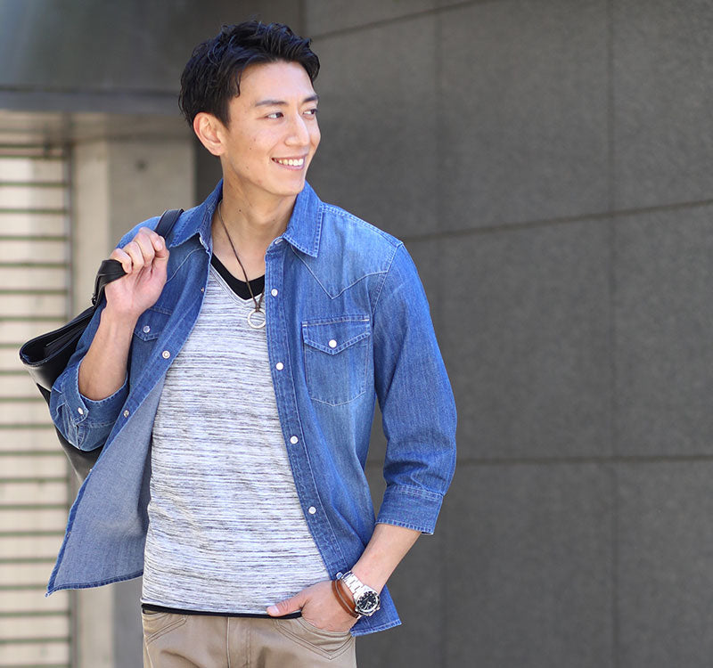 ストレッチ７分袖デニムシャツ×レイヤードデザインⅤネックカットソー　2点セット