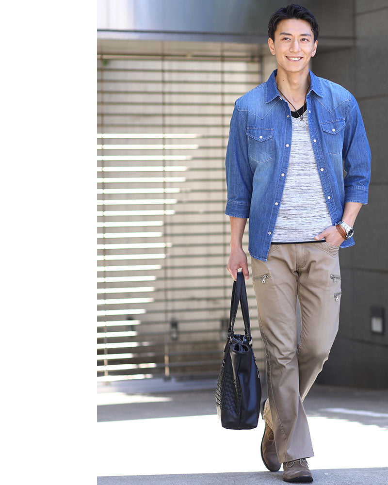 ストレッチ７分袖デニムシャツ×レイヤードデザインⅤネックカットソー　2点セット