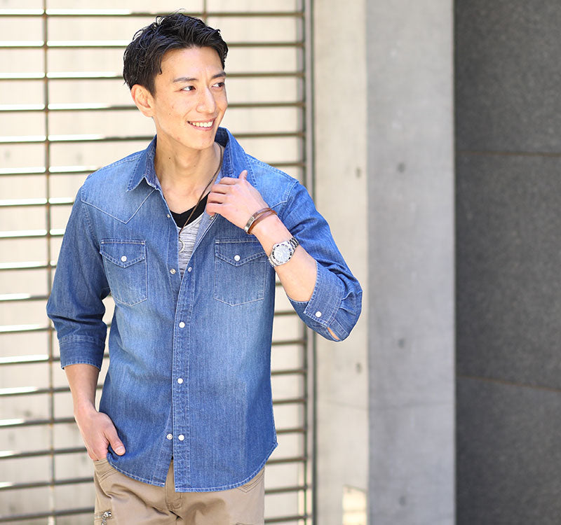 ストレッチ７分袖デニムシャツ×レイヤードデザインⅤネックカットソー　2点セット