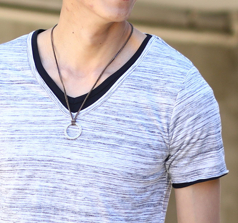 ストレッチ７分袖デニムシャツ×レイヤードデザインⅤネックカットソー　2点セット