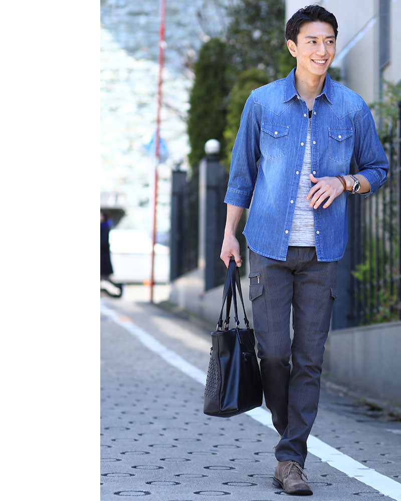 ストレッチ７分袖デニムシャツ×レイヤードデザインⅤネックカットソー　2点セット