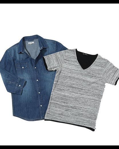 ストレッチ７分袖デニムシャツ×レイヤードデザインⅤネックカットソー　2点セット
