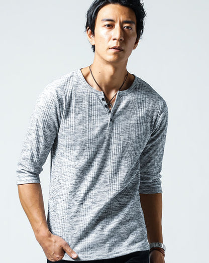 ランダムテレコ素材ヘンリーネック7分袖・半袖Ｔシャツ