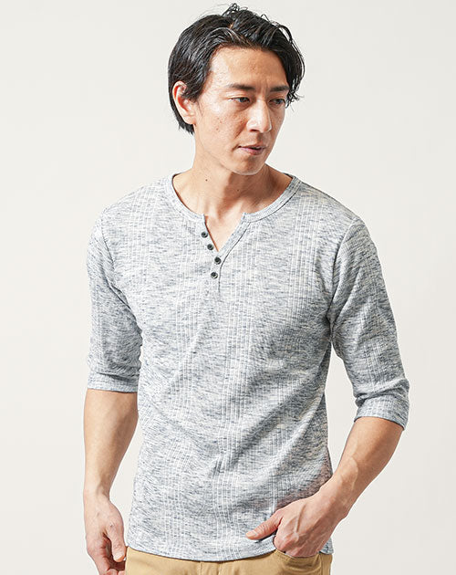 ランダムテレコ素材ヘンリーネック7分袖・半袖Ｔシャツ