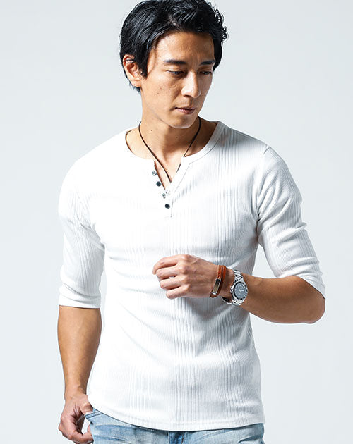 ランダムテレコ素材ヘンリーネック7分袖・半袖Ｔシャツ