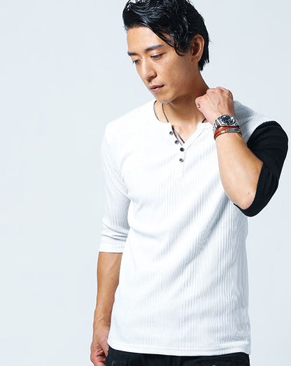 ランダムテレコ素材ヘンリーネック7分袖・半袖Ｔシャツ