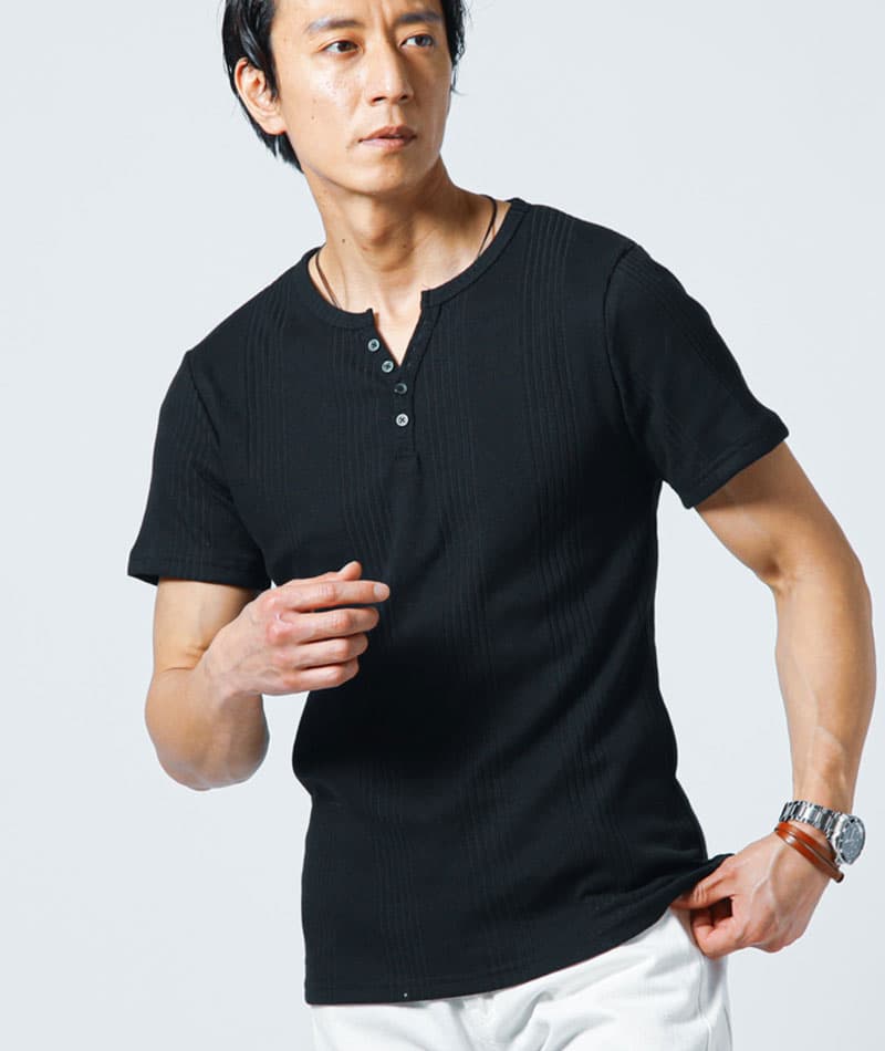ランダムテレコ素材ヘンリーネック半袖Ｔシャツ