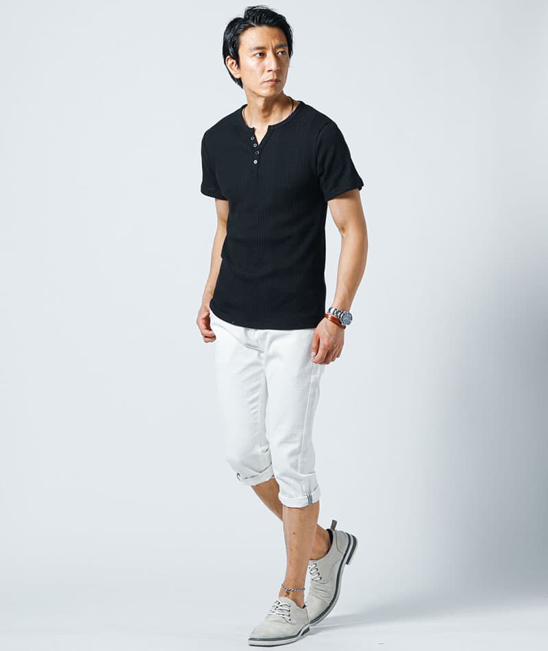 ランダムテレコ素材ヘンリーネック半袖Ｔシャツ