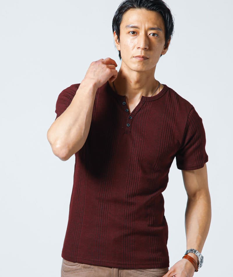 ランダムテレコ素材ヘンリーネック半袖Ｔシャツ