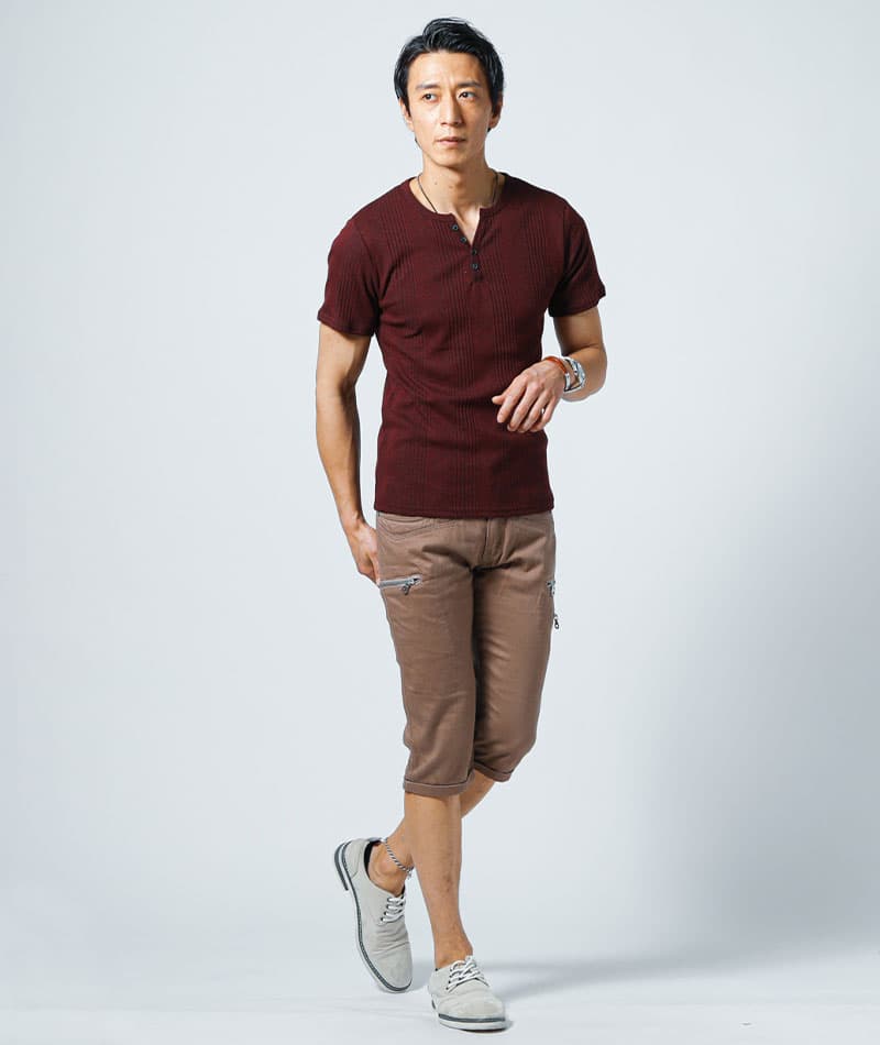 ランダムテレコ素材ヘンリーネック半袖Ｔシャツ