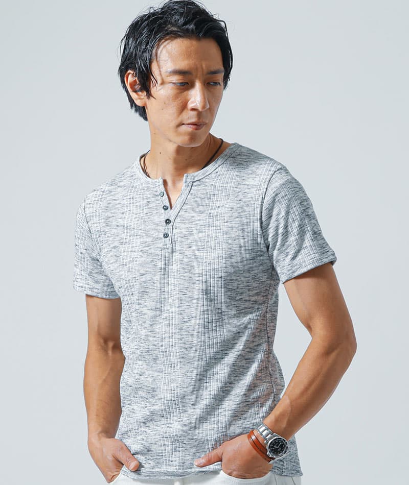 ランダムテレコ素材ヘンリーネック半袖Ｔシャツ