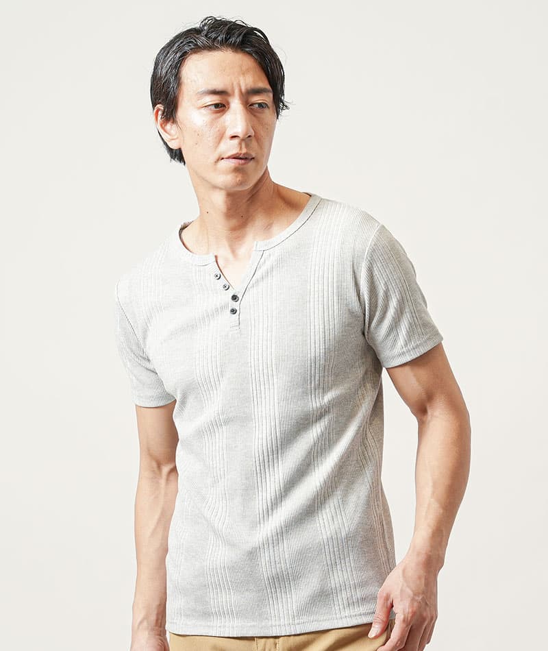 ランダムテレコ素材ヘンリーネック半袖Ｔシャツ