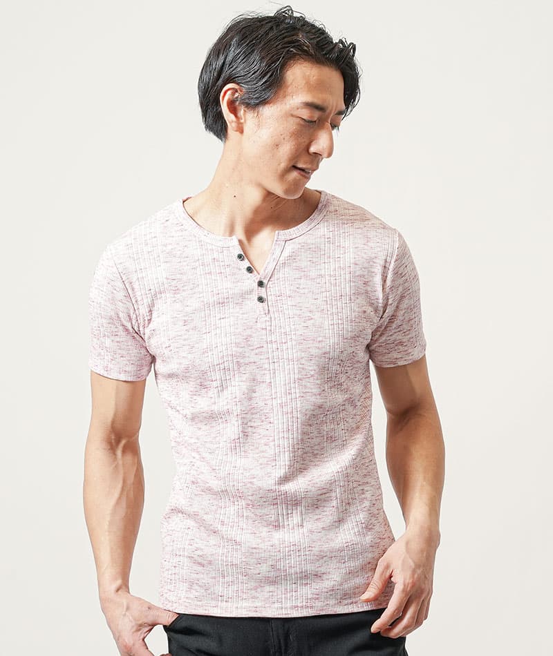 ランダムテレコ素材ヘンリーネック半袖Ｔシャツ