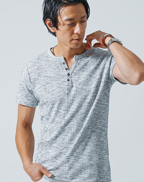 ランダムテレコ素材ヘンリーネック半袖Ｔシャツ