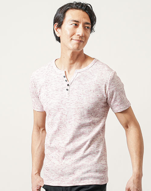 ランダムテレコ素材ヘンリーネック半袖Ｔシャツ