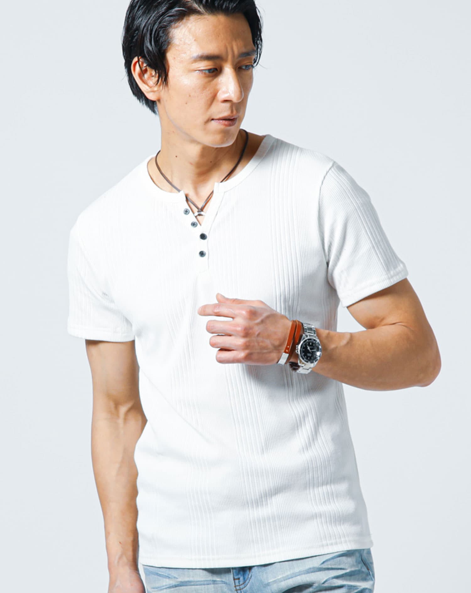 ランダムテレコ素材ヘンリーネック半袖Ｔシャツ