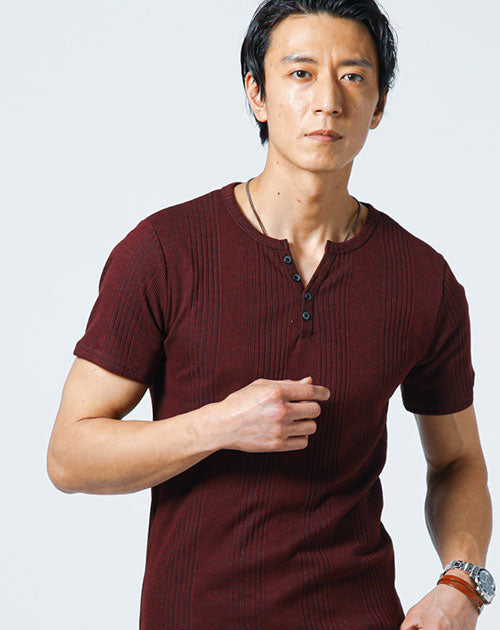 ランダムテレコ素材ヘンリーネック半袖Ｔシャツ