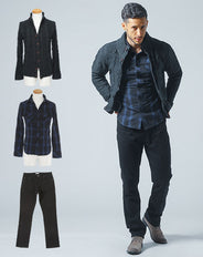 黒ニットアウター×青チェックシャツ×黒チノパン 3枚セット