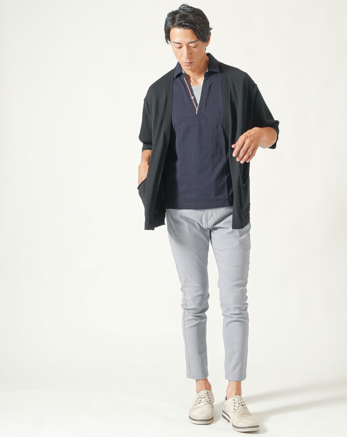 フェイクレイヤードトリコロールライン半袖スキッパーポロシャツ